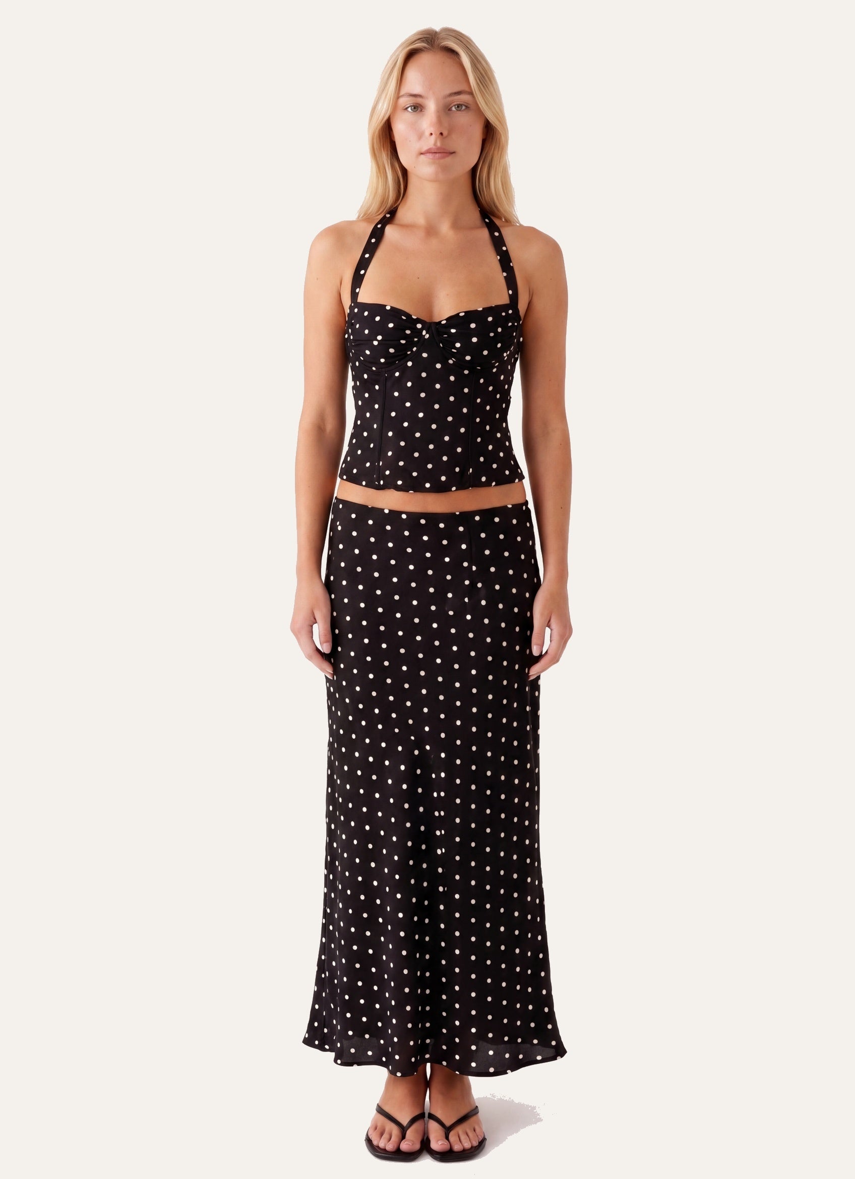 Women’s Halter Corset-Style Top | Polka Dot Print | Ruched Bustier with Neck Tie Detail