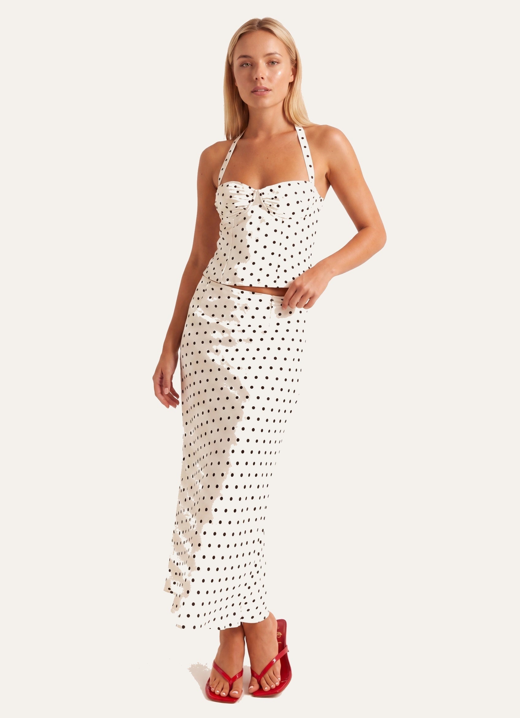 Women’s Halter Corset-Style Top | Polka Dot Print | Ruched Bustier with Neck Tie Detail