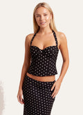Women’s Halter Corset-Style Top | Polka Dot Print | Ruched Bustier with Neck Tie Detail