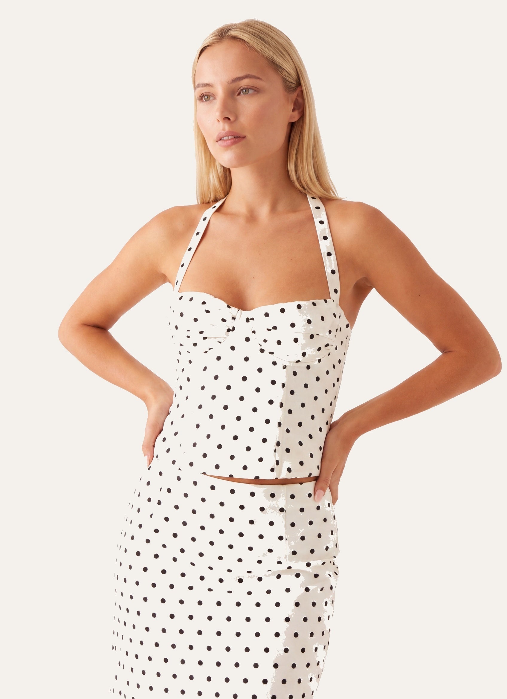 Women’s Halter Corset-Style Top | Polka Dot Print | Ruched Bustier with Neck Tie Detail
