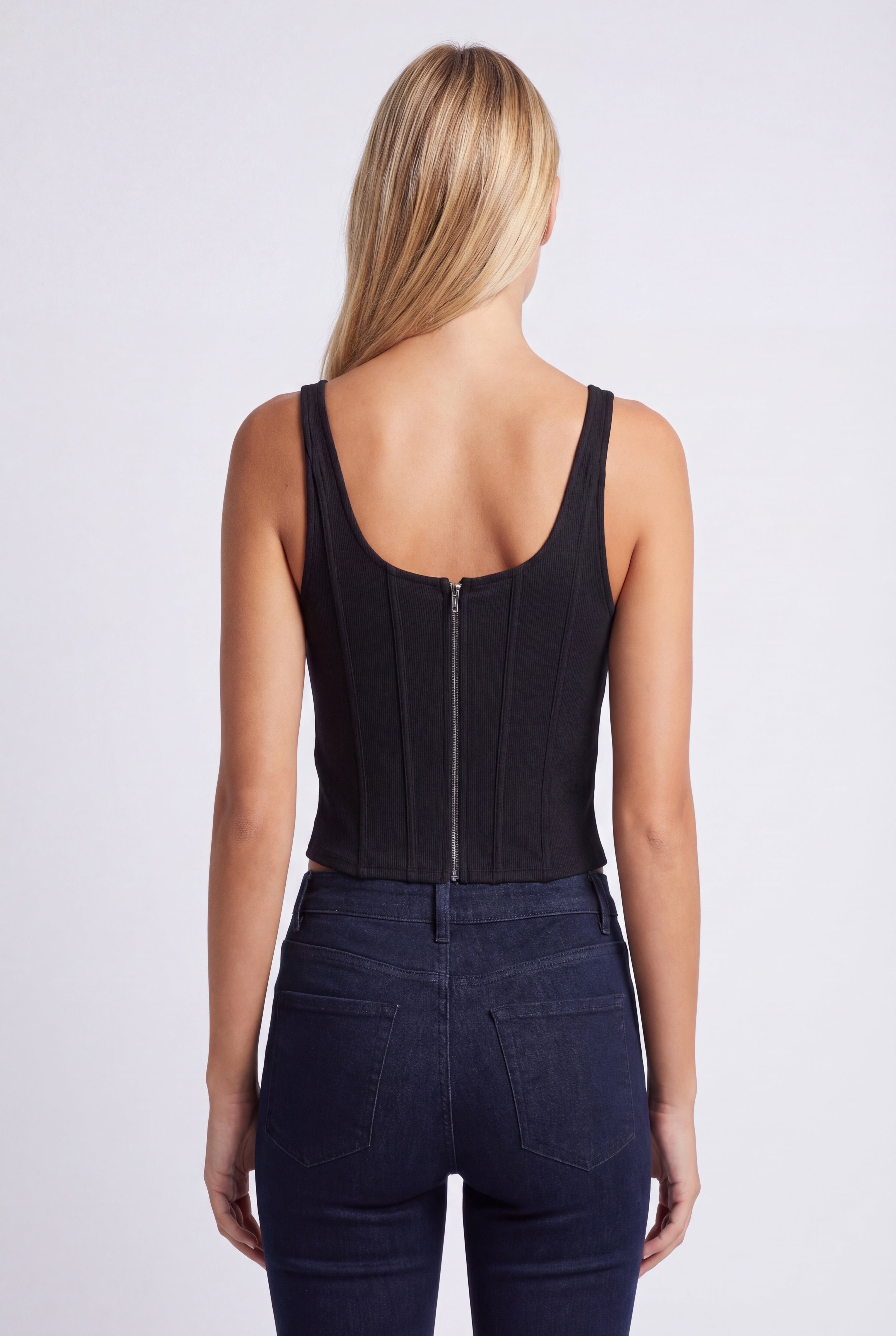 Women’s Corset Top | Sleeveless | Black | Deep Neckline with Boned Seam Detailing