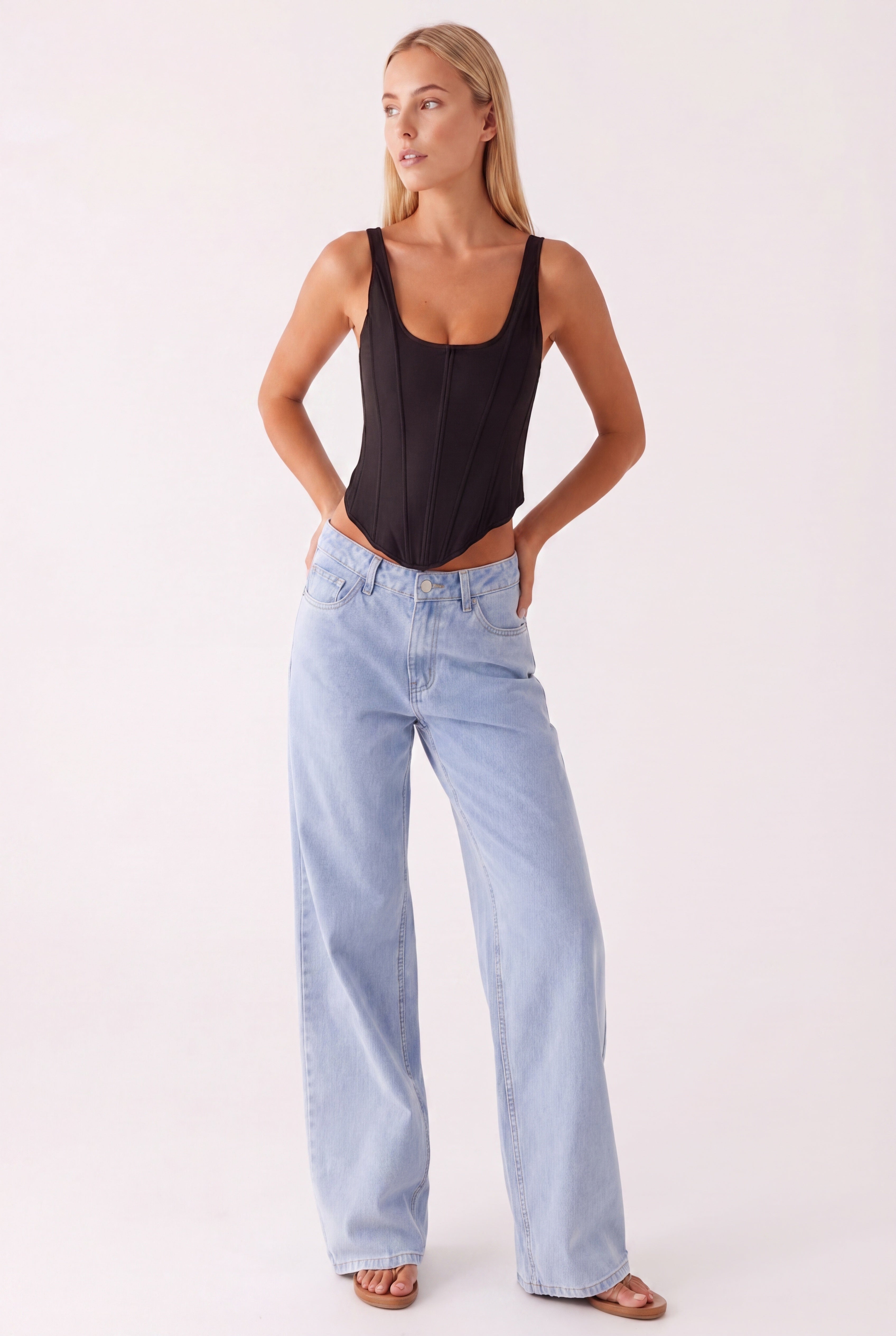 Women’s Corset Top | Sleeveless | Black | Deep Neckline with Boned Seam Detailing