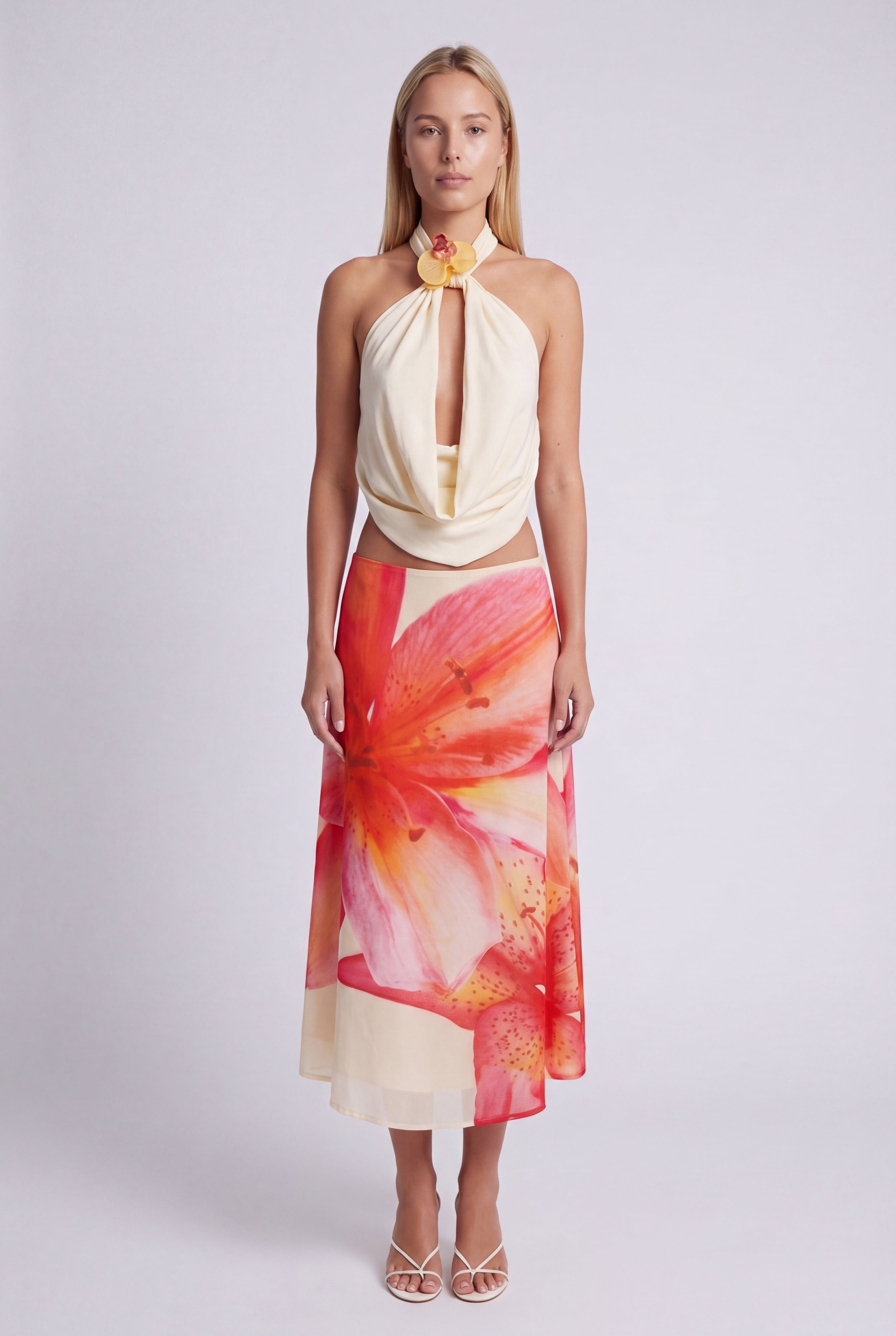 Women’s Halter Crop Top | Draped | Keyhole Neckline | Floral Corsage Detail | Sleeveless