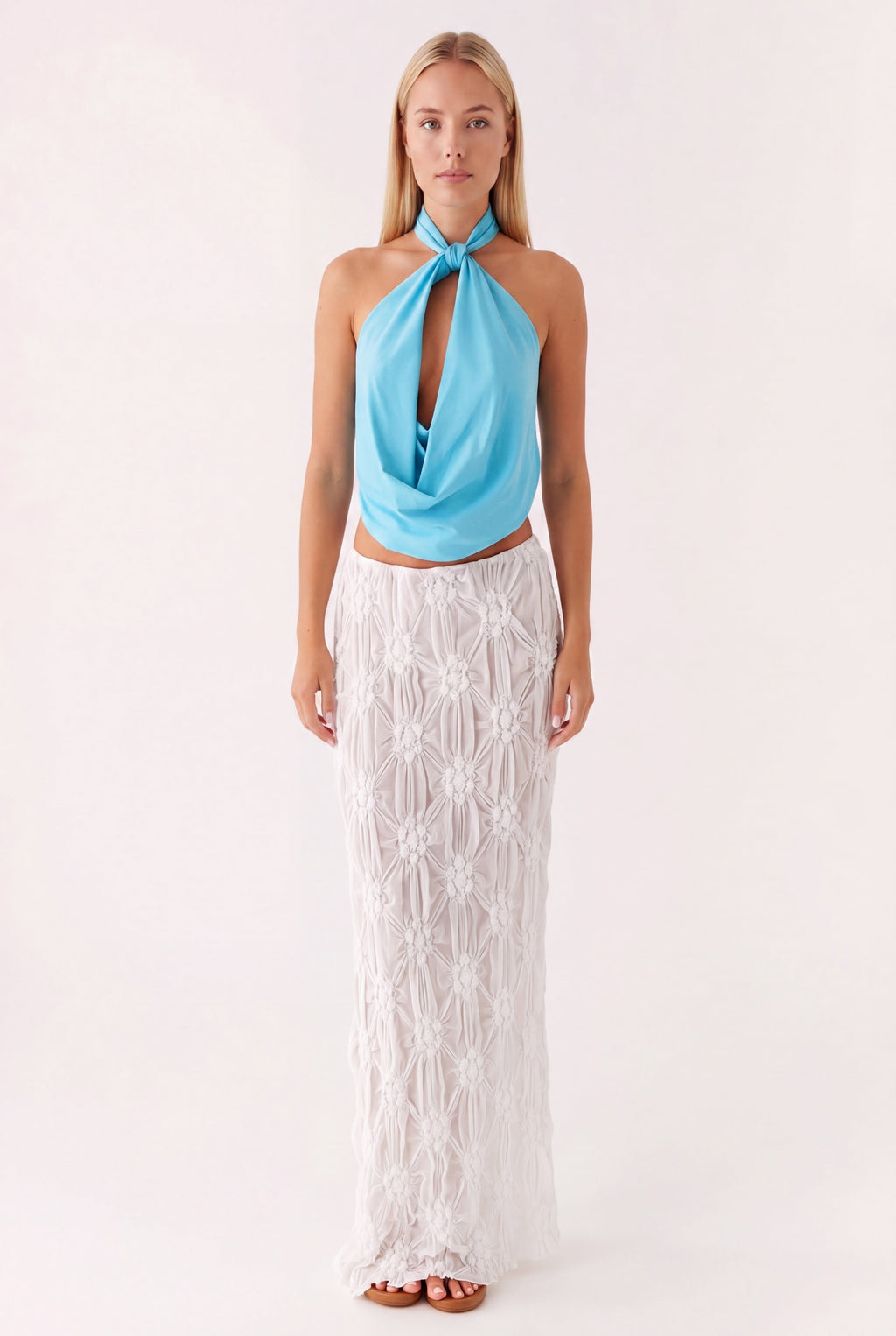 Women’s Halter Crop Top | Draped | Keyhole Neckline | Floral Corsage Detail | Sleeveless