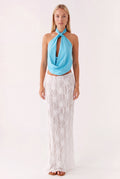 Women’s Halter Crop Top | Draped | Keyhole Neckline | Floral Corsage Detail | Sleeveless