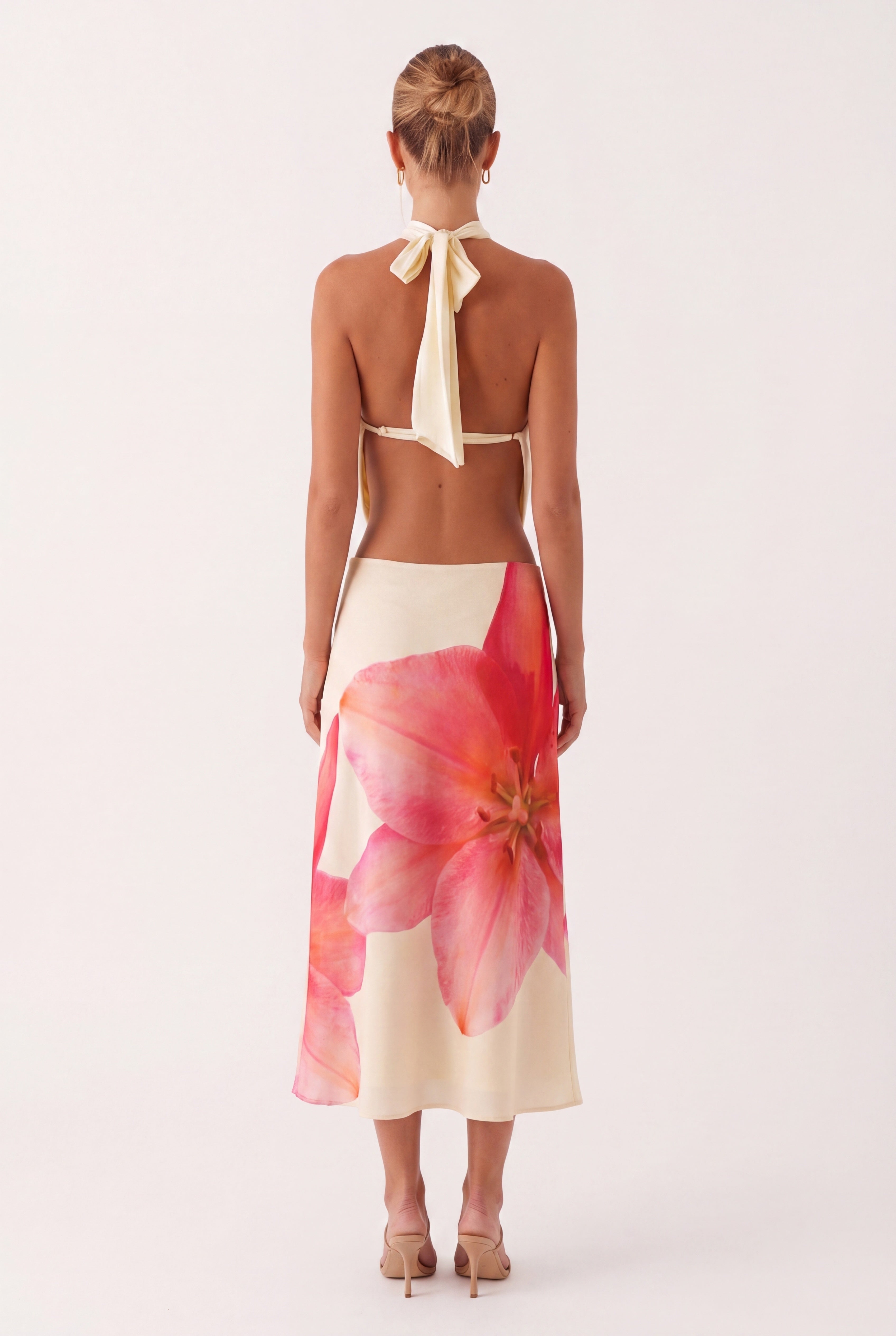 Women’s Halter Crop Top | Draped | Keyhole Neckline | Floral Corsage Detail | Sleeveless