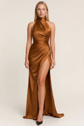 Women’s Satin Maxi Dress | Halterneck | With Slit
