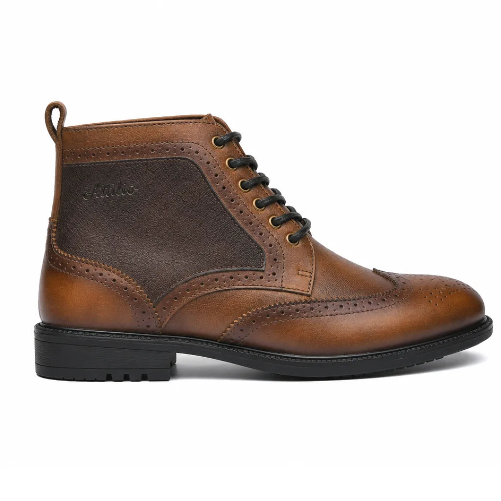 Burnished Wingtip Leather Boots