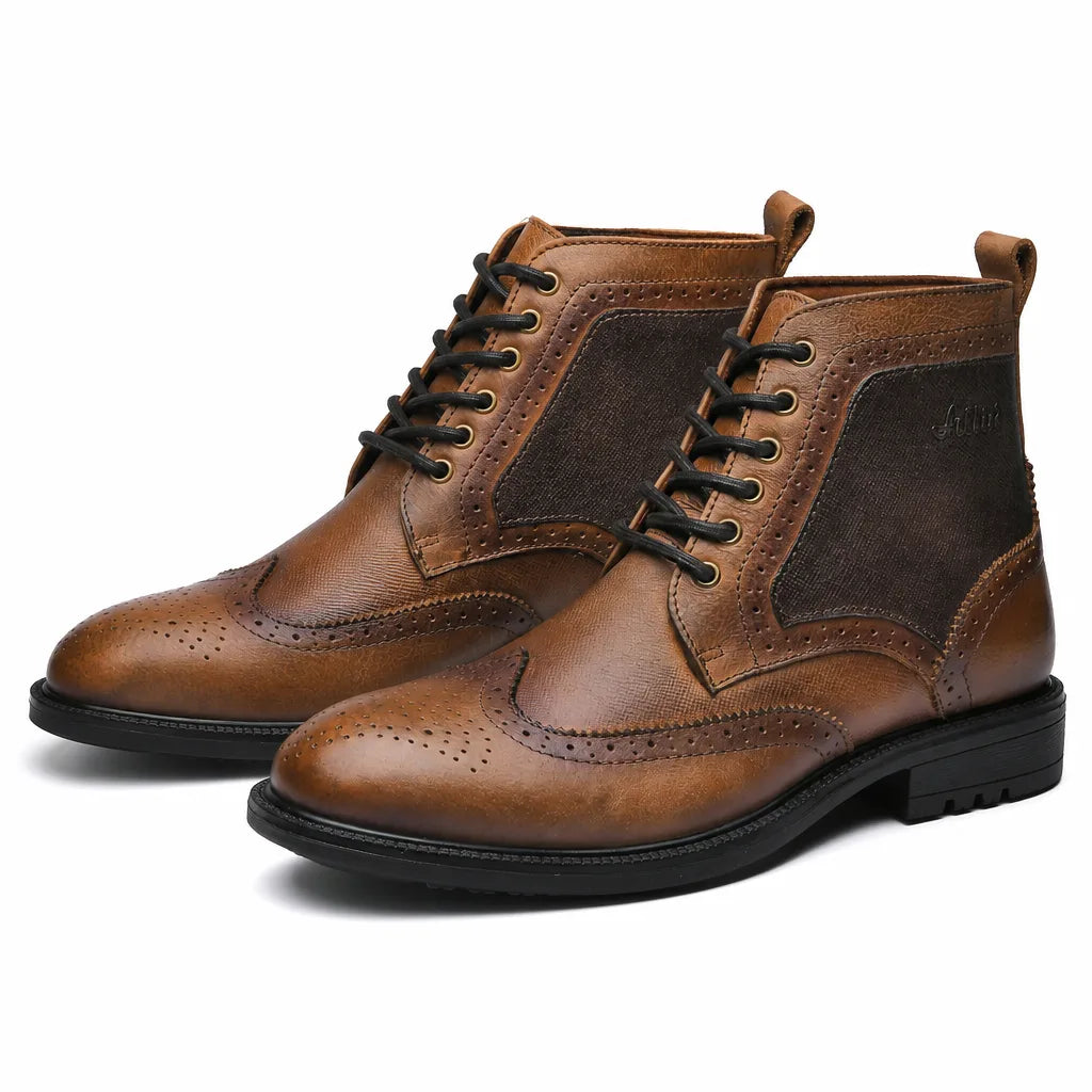 Burnished Wingtip Leather Boots