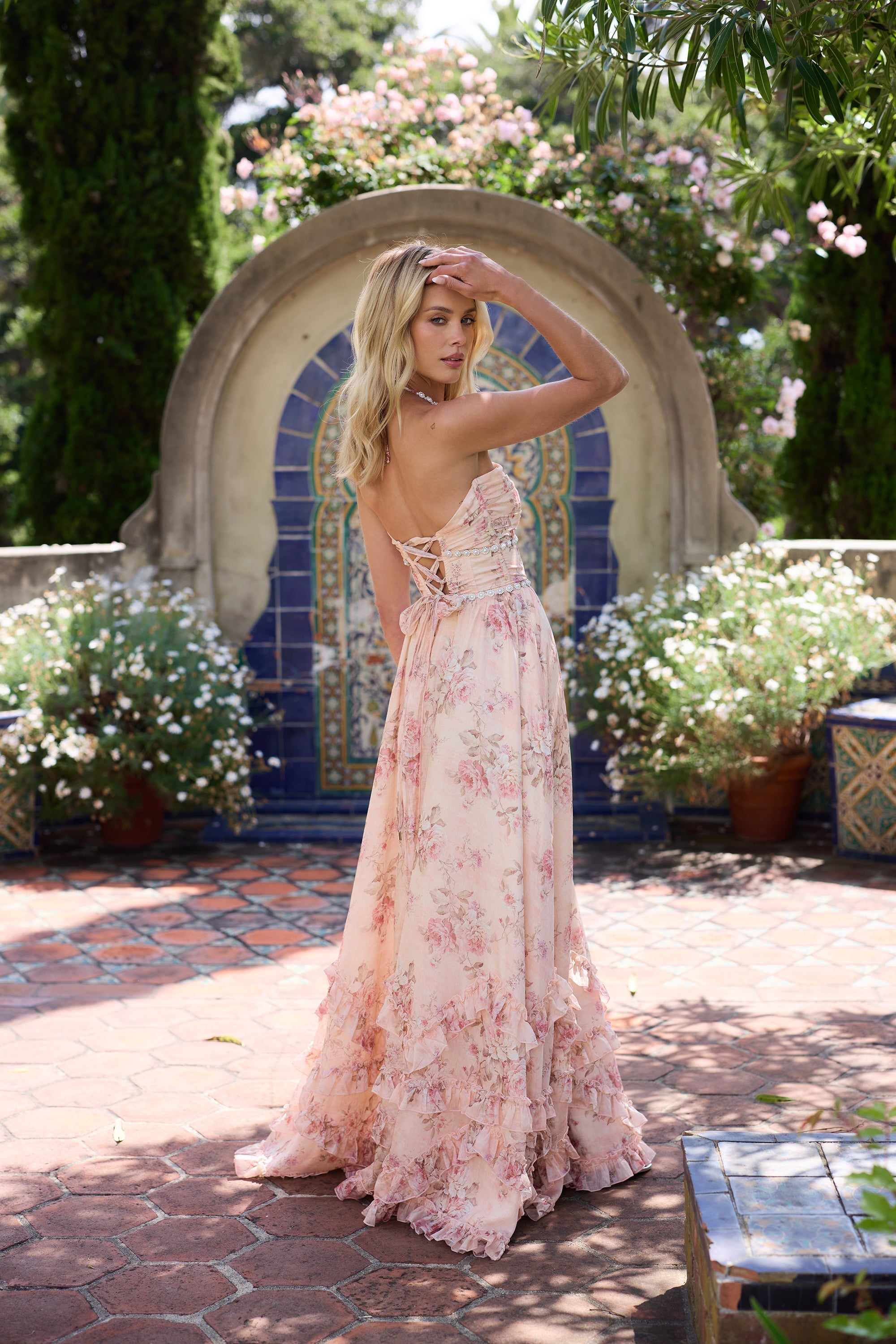 Orella | Pink Floral Maxi Dress with Pearl Detail and Slit